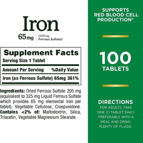 xr:d:DAFNmyVcQkc:11,j:36642550344,t:22092913 Nature’s Bounty Iron 65 Mg (325 mg Ferrous Sulfate) 100 Tablets - Image 2