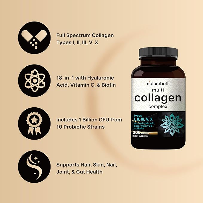71i5MUsJZeL._AC_SX679_ NatureBell Multi Collagen Complex With Hyaluronic Acid, Biotin, Vitamin C, & Probiotics 300 Capsules - Image 2