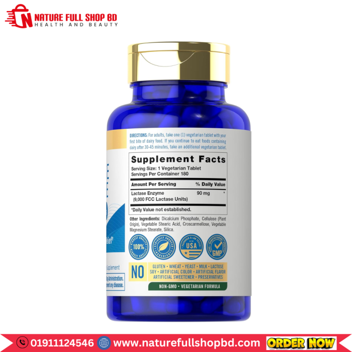 Carlyle Fast Acting Lactase Enzyme Pills 9000 FCC Units 180 Vegetarian Tablets - Image 2